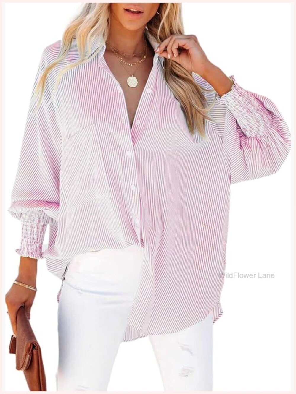 Striped Smocked Cuff Boyfriend Button Down Shirt Oversized Blouse with Pocket